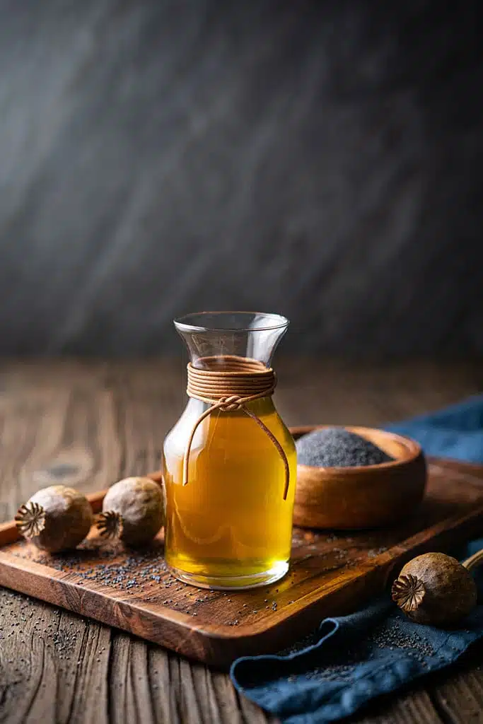 Ein Glas Krug mit goldenem Öl steht auf einem Holzbrett - daneben getrocknete Mohnkapseln und eine Holzschale voller aromatischer Mohnsamen. Ein blauer Stoff rundet das natürliche Arrangement ab. Entdecke hochwertige Öle und Saaten von Ölacker für deine kreative Küche!.