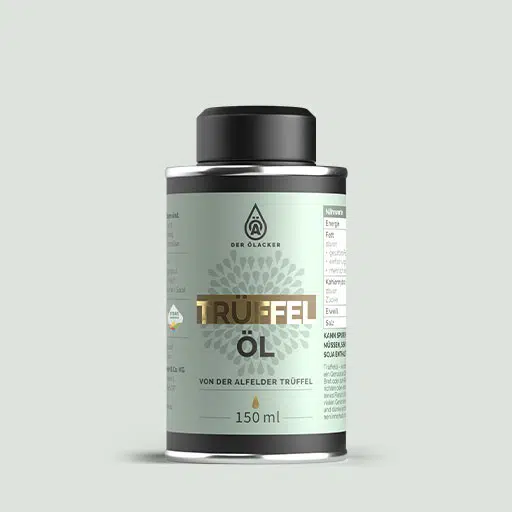 Entdecke unser aromatisches Trüffel-Öl von Ölacker im 150 ml Fläschchen mit edlem, hellgrünem Etikett und goldener Schrift - perfekt zum Verfeinern deiner Gerichte. Mit hochwertigen Zutaten und liebevoll gestaltetem Design bringt dieses Öl besonderen Genuss in deine Küche.