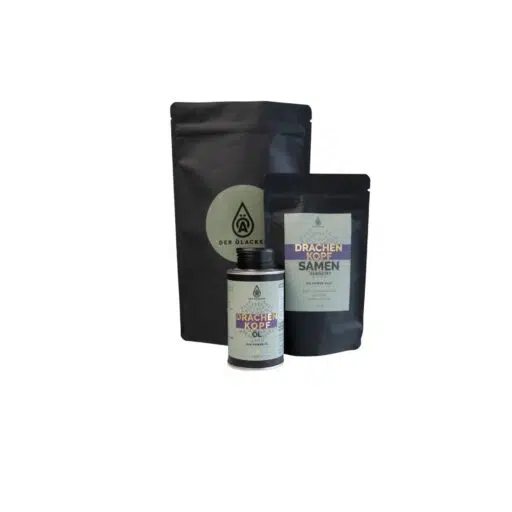 Entdecke für Dich zwei schwarze Drachenkopfbag-Beutel und eine Flasche Drachen Kopf Öl von Ölacker vor weißem Hintergrund.