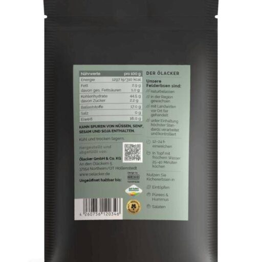 Entdecke unsere aromatischen Kichererbsen in der praktischen, wiederverschließbaren Verpackung - ideal für Deine gesunde Küche! Auf dem grünen Etikett findest Du alle wichtigen Nährwerte, Zutaten sowie einen QR-Code für weitere Informationen zu den hochwertigen Produkten von Ölacker.