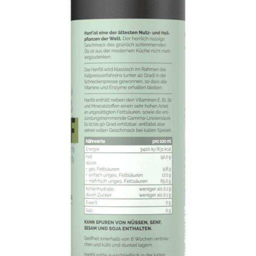 Entdecke unser hochwertiges Hanföl von Ölacker - die wertvollen Nährstoffe und alle wichtigen Infos findest Du auf dem gut lesbaren Etikett auf der Rückseite der Dose. Genieße das Beste aus Hanfsaat in geprüfter Qualität, ideal für Deine gesunde Küche!.