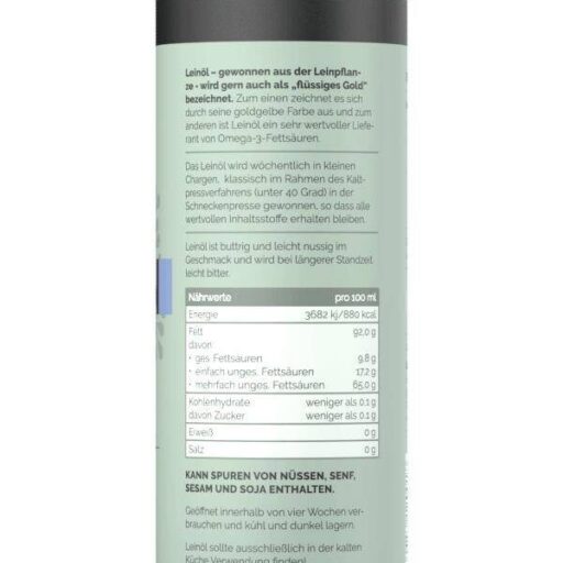 Entdecke das hochwertige Leinöl von Ölacker in der praktischen Metallflasche mit sicherem Schraubverschluss - natürlich gekennzeichnet mit allen wichtigen Produktinfos, Nährwerten und Allergiehinweisen auf Deutsch. Genieße ein naturbelassenes Speiseöl für deine gesunde Küche!.