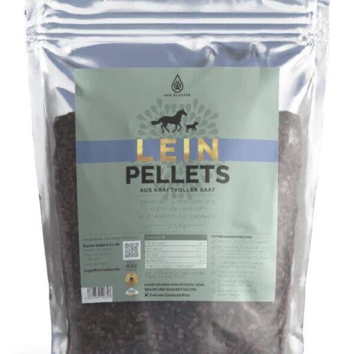 Du siehst einen durchsichtigen, wiederverschließbaren Beutel Lein-Pellets von Ölacker mit grün-blauem Etikett und Tiermotiven.