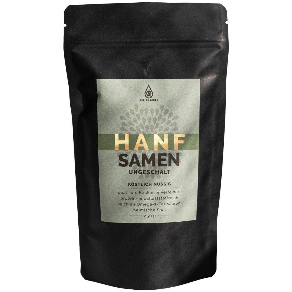 Entdecke unsere Hanfsaat im wiederverschließbaren 250g-Beutel - naturbelassene, ungeschälte Hanfsamen von Ölacker mit nussigem Geschmack, reich an Protein, Ballaststoffen und Omega-3-Fettsäuren. Genieße die gesunde Vielfalt unserer hochwertigen Saaten und Öle für Deine ausgewogene Ernährung!.