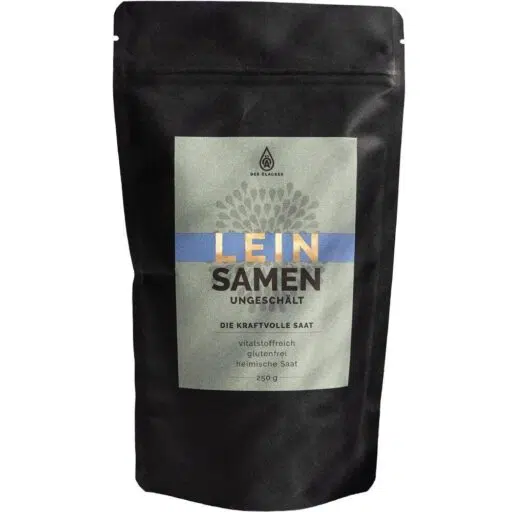 Entdecke unsere 250g Leinsaat von Ölacker im praktischen, schwarzen Standbodenbeutel - perfekt zum Verfeinern Deiner Gerichte. Die ganzen Leinsamen sind eine natürliche Quelle wertvoller Omega-3-Fettsäuren und Ballaststoffe.