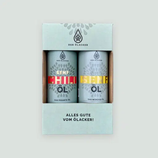 Entdecke die Chili-Senf Duo-Box von Ölacker mit feinen Ölen in der Geschenkbox - perfekt zum Probieren oder Verschenken.