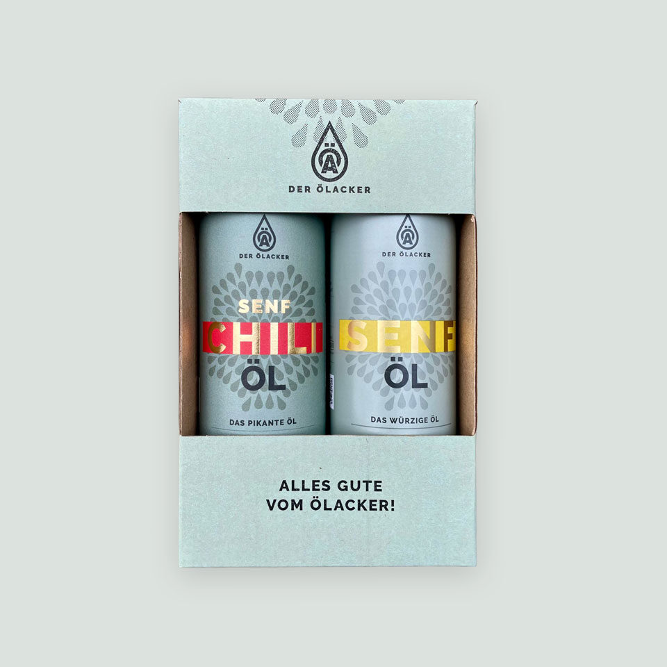 Entdecke die Chili-Senf Duo-Box von Ölacker mit feinen Ölen in der Geschenkbox - perfekt zum Probieren oder Verschenken.