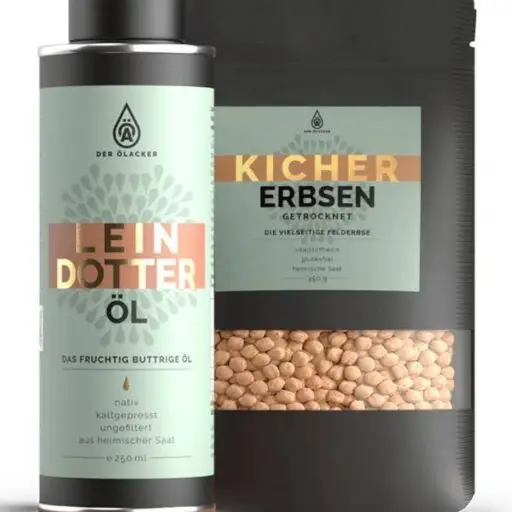 Entdecke Deine Hummusbox von Ölacker mit kaltgepresstem Camelinaöl und Kichererbsen in stilvoller Verpackung - perfekt zum Genießen!.