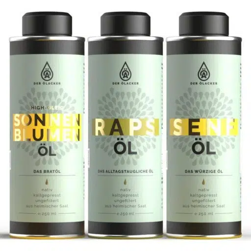 Entdecke drei leckere Ölacker-Öle aus der Küchenbox: Sonnenblumenöl, Rapsöl und Senföl - alle im 250 ml Metallbehälter.