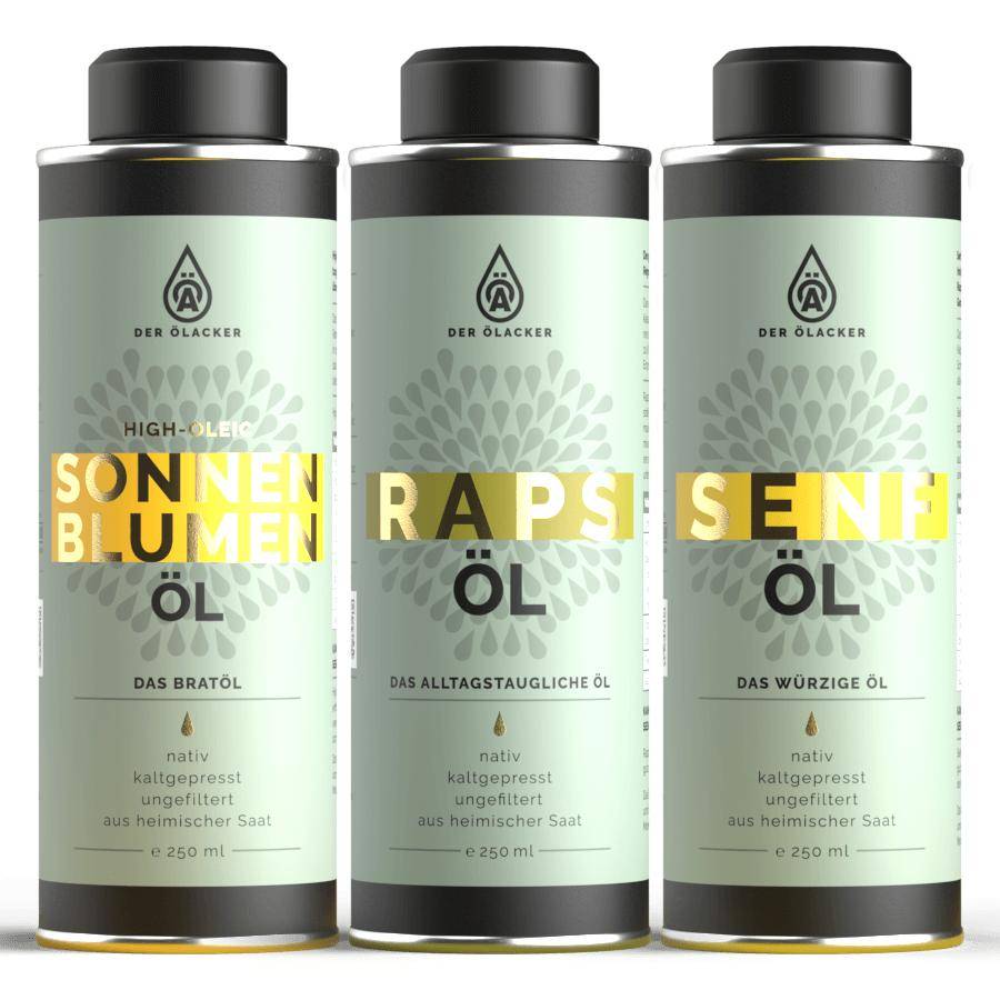 Entdecke drei leckere Ölacker-Öle aus der Küchenbox: Sonnenblumenöl, Rapsöl und Senföl - alle im 250 ml Metallbehälter.