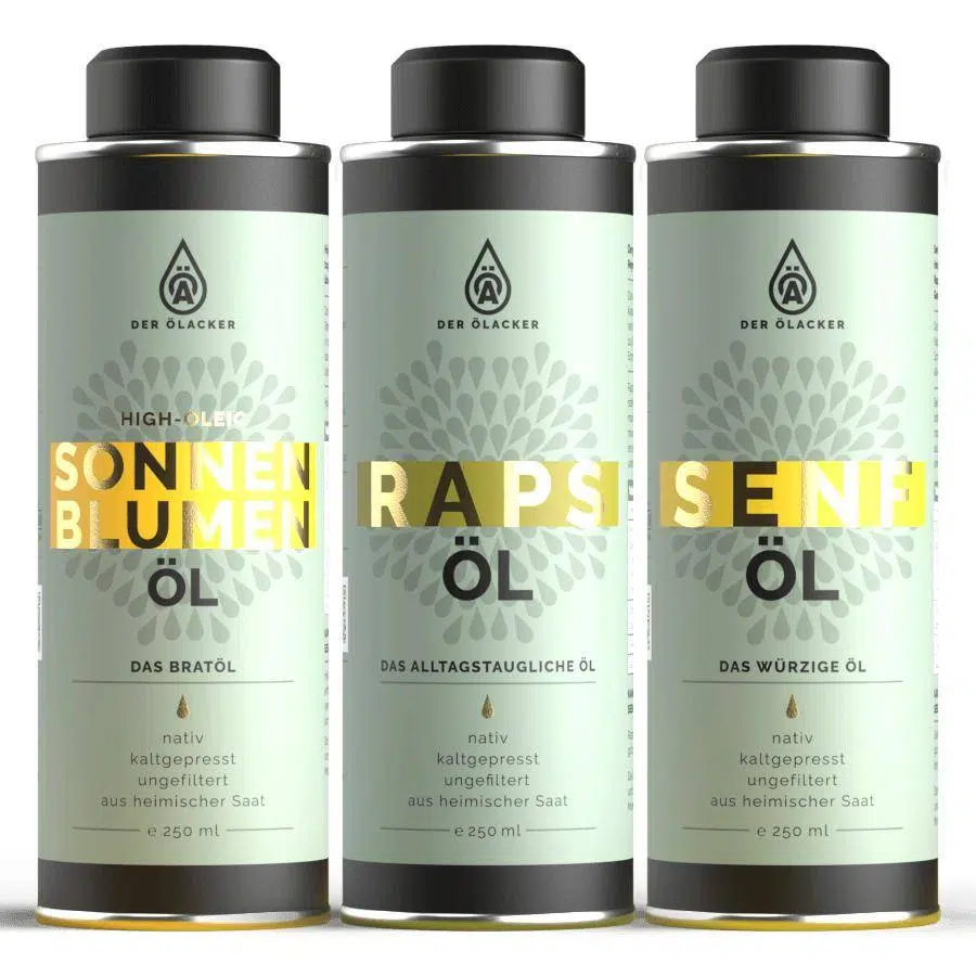 Entdecke drei leckere Ölacker-Öle aus der Küchenbox: Sonnenblumenöl, Rapsöl und Senföl - alle im 250 ml Metallbehälter.